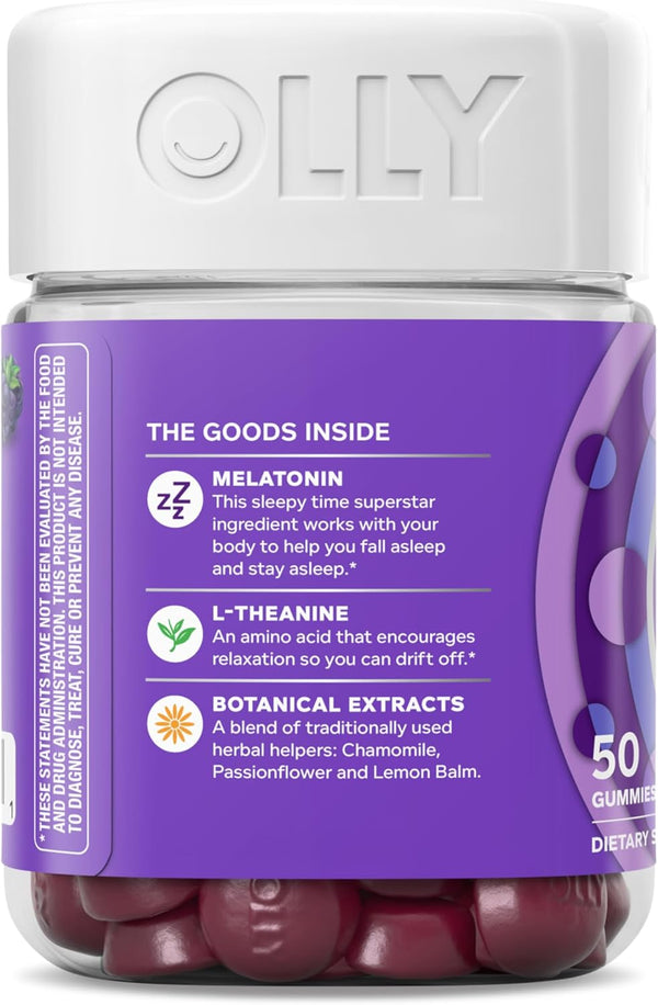 OLLY Sleep Gummy, 3 Mg Melatonin, L-Theanine, Chamomile, Lemon Balm, Sleep Aid, Blackberry, 50 Count