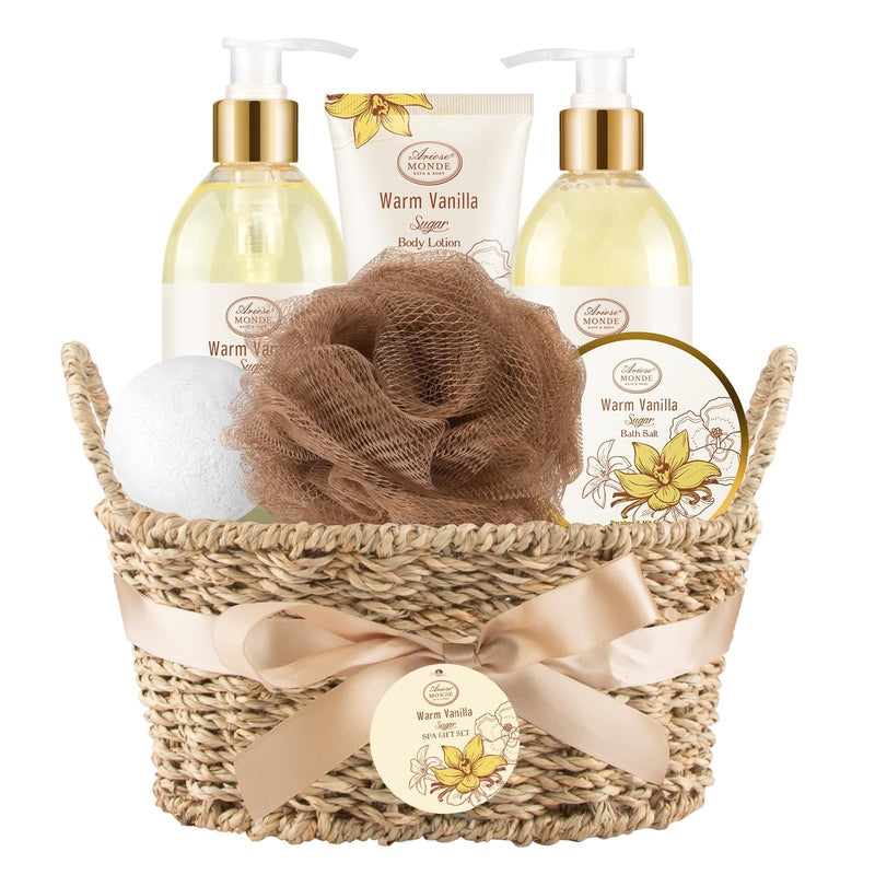 Bath and Body Warm Vanilla Sugar Spa Gifts for Women, with Shower Gel, Bubble Bath, Body Lotion, Bath Bomb, Bath Salt, Spa Basket Gift Set for