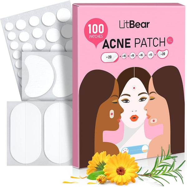 Litbear Large Acne Pimple Patches, 6 Sizes 100 Patches for Large Breakouts, Acne Patches for Face, Chin or Body, Acne Spot Treatment with Tea Tree