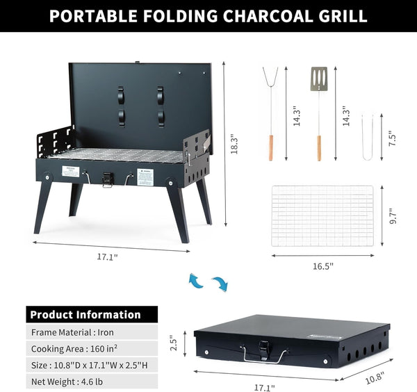 MASTER COOK Portable Charcoal Grill, Foldable BBQ Grill Kit Easy to Carry, Mini Tabletop Grill for Outdoor Camping, Patio and Picnic,