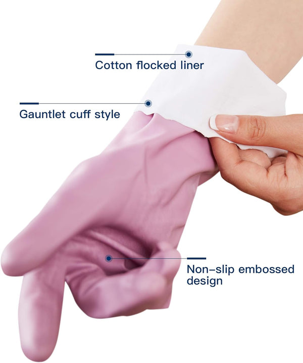 LANON 3 Pairs Wahoo Skin-Friendly Cleaning Gloves, Dishwashing Kitchen Gloves with Cotton Flocked Liner, Reusable, Non-Slip, Mauve Mist, Medium