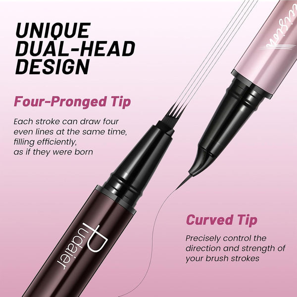 2-In-1 Curved Eyebrow Pen and Eyeliner with 10Pcs Brow Stencils, Microblading Eyebrow Pencil with 4 Fork-Tip and Curved Precise Tip, Waterproof