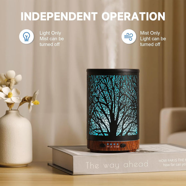 Essential Oil Diffuser 120ML Metal Aromatherapy Diffuser, Cool Mist Humidifier with Auto Shut-Off Protection 7 Color Lights for Home Office Spa (Tree)