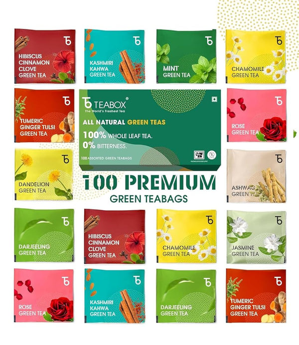 Teabox Green Tea Sampler Bags | 100% Natural I Immunity Boosting Sampler Pack | USDA Certified Organic Green Tea (100 Count (Pack of 1))