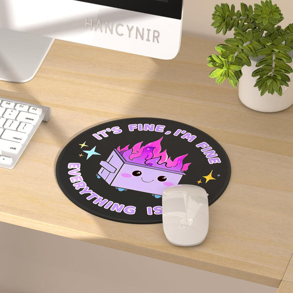 Funny Mouse Pad for Desk, Cute Office Decor for Women, Dumpster on Fire Small Mousepad with Non-Slip Rubber Base, This Is Fine round Computer
