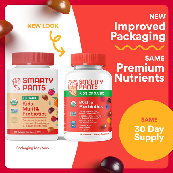 Smartypants Organic Kids Multivitamin Gummies: Probiotics, Omega 3 (ALA), Vitamin D3, C, Vitamin B12, B6, A, K & Zinc for Immune Support, Biotin,