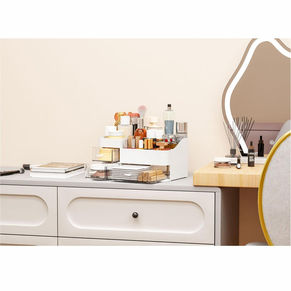 White Makeup Organizer with 3 Drawers, Large Capacity Plastic Cosmetic Storage for Dresser and Vanity, Ideal for Beauty, Perfume, Brushes,