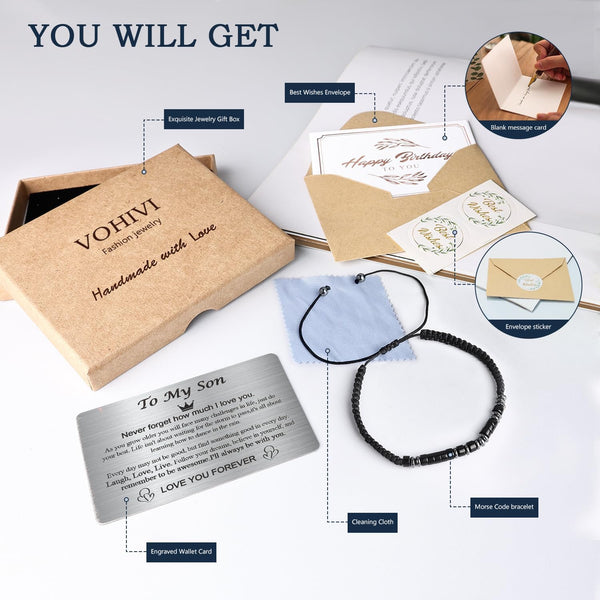 To My Son Bracelet from Mom,College Graduation Gifts for Son 2025,Morse Code Bracelets with Engraved Wallet Card,Adjustable Handmade Teens Boys