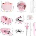 Pink Desk Organizers and Accessories 10Pcs Set with 360-Degree Rotating Pen Holder, Tape Dispenser, Stapler, Staple Remover, 1000 Staples, Tape,