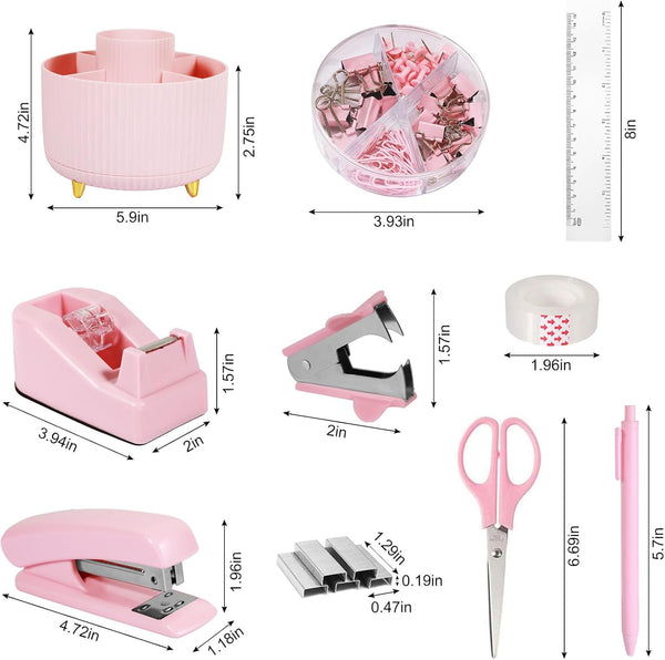 Pink Desk Organizers and Accessories 10Pcs Set with 360-Degree Rotating Pen Holder, Tape Dispenser, Stapler, Staple Remover, 1000 Staples, Tape,