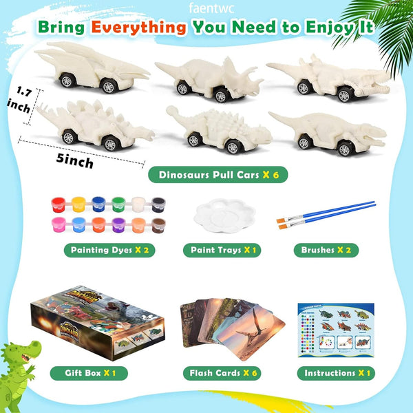 Faentwc Dinosaur Painting Toys for Kids 5-7: 2 in 1 Dino Arts Painting Kits and Pull Back Cars Toy for Boys 4 5 6 7 8 9 10 Year Old Art & Craft