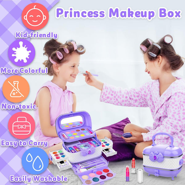 Hollyhi 58 Pcs Kids Makeup Kit for Girl, Princess Toys Real Washable Cosmetic Set with Mirror, Kids Makeup Sets for Girls, Play Make up Birthday