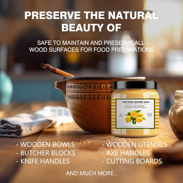 Premium Cutting Board Finish Wax - Natural Beeswax and Carnauba Wax - Enriched with Lemon & Orange Oils - for Wood Butcher Blocks, Wooden Bowls,