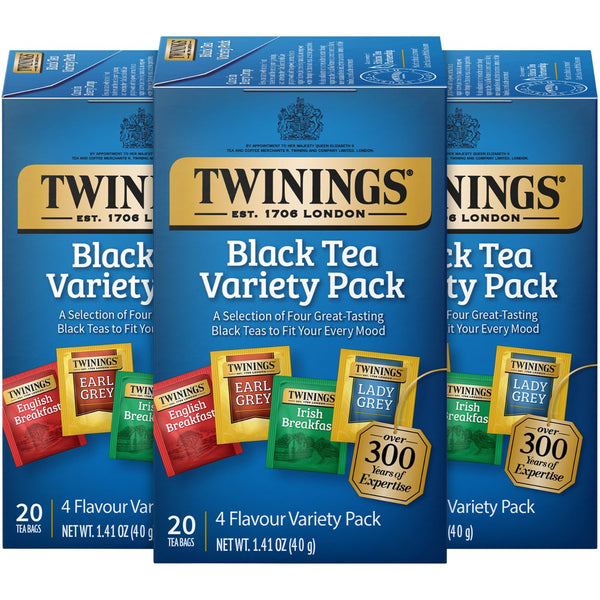 Twinings Black Tea Variety 3-Pack with Earl Grey Tea, English Breakfast Tea, Irish Breakfast Tea, and Lady Grey Tea Bags, Individually Wrapped, 20