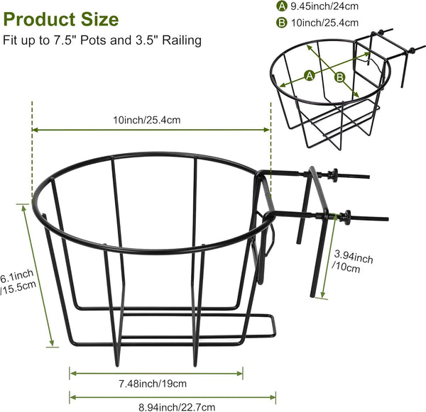 TQVAI 10 Inch Railing Planter - Fit for 1.5 to 3.5 Inches Railing - Adjustable Hanging Planters Outdoor Balcony Deck Flower Pot Holder Metal