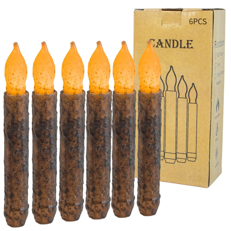 Taper Primitive Candles with Timer 6Pcs Real Wax Hand Dipped Battery Operated Flameless Candles for Christmas Halloween Home Decor Church