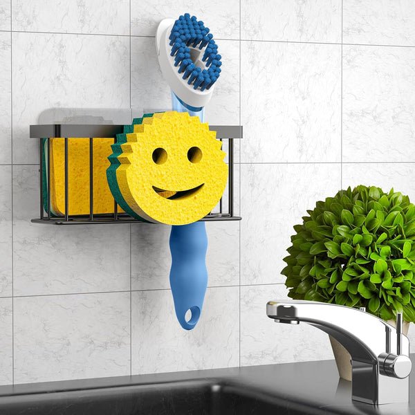 Sponge Holder Smiley Face, Sink Caddy for Kitchen Sink,Sponge Holder with 2 PCS Suction Cups/1 PCS Adhesive Strips, Designed for Sponge, Soap,