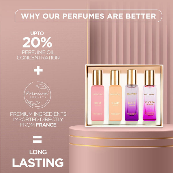 Bellavita Luxury Perfumes for Women Set (4X20Ml) | Woman Perfume with DATE, SENORITA, GLAM & ROSE | Vanilla Perfume with Floral Sweet & Musk |
