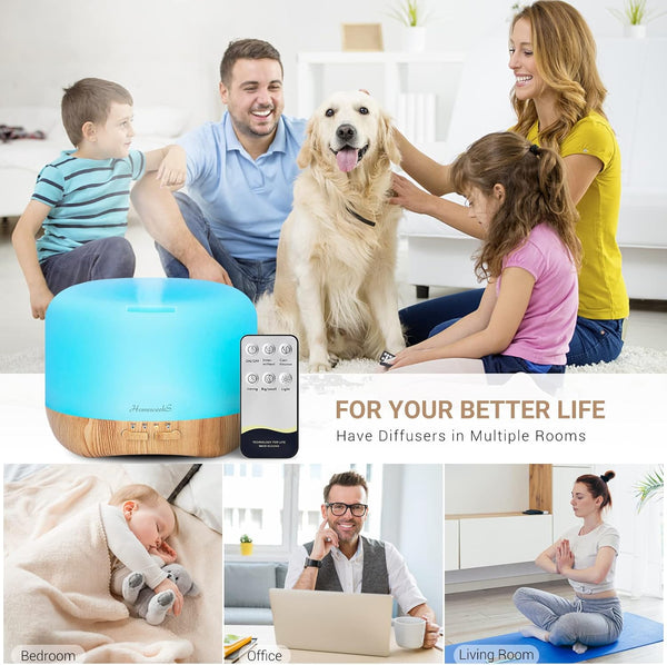 Homeweeks 300Ml Essential Oil Diffuser, Quiet Aromatherapy Mist Diffusers for Essential Oils, Wood Grain, Ultrasonic, Remote Control, Timer, 7