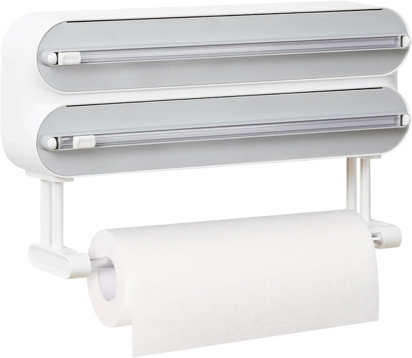 Magnetic Plastic Wrap Dispenser with Cutter - Refillable Aluminum Tin Foil and Plastic Wrap Organizer for Kitchen, Quasziwa Upgraded 3 in 1 Paper