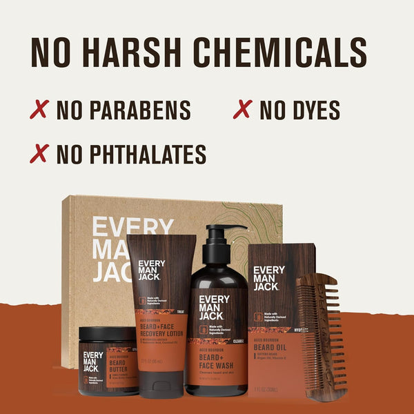 Every Man Jack Mens Aged Bourbon Beard Set - Five Full-Sized Grooming Essentials for a Complete Routine - Beard + Face Wash, Beard + Face Lotion,