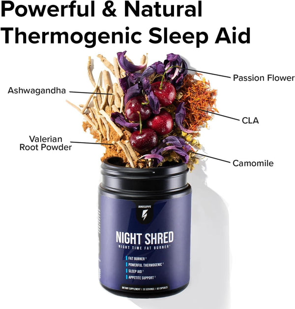 Night Shred Fat Burner and Natural Sleep Support | Ashwaganda, 5-HTP, CLA, Melatonin | Appetite Suppressant | Weight Loss Support Nighttime Fat