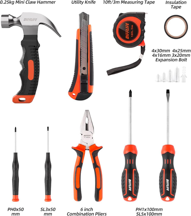 Tool Sets Household Tool Kit, 14-Piece General Home/Auto Repair Tool Set with Hammer, Pliers, Screwdriver Set and Toolbo