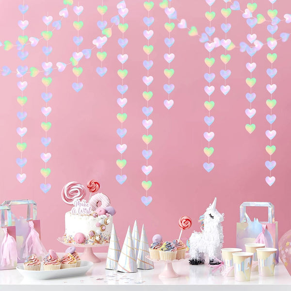 Iridescent Disco-Holographic Heart Garland - 52Ft Wedding Hanging Decoration Neon Streamers Banner, Perfect for Bridal Shower, Birthday, Baby