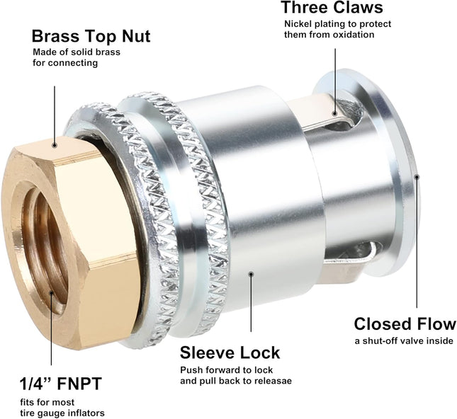 Hromee Lock on Air Chuck, Heavy Duty Closed Flow Tire Chuck, 1/4" FNPT for Tire Inflator and Standard Bore Valve Stem Qu