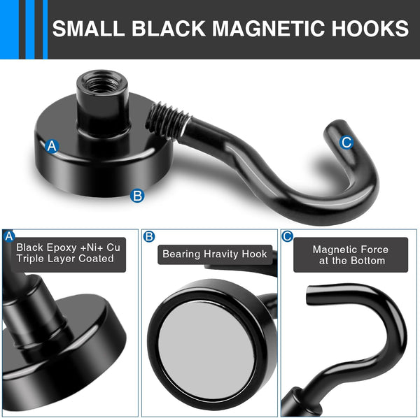 LOVIMAG Black Magnetic Hooks, 30Lbs Strong Magnetic Hooks Heavy Duty with Epoxy Coating for Refrigerator, Magnetic Cruise Hooks for Hanging,