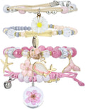 4 Pcs Beaded Cute Bracelets for Teen Girls Women, Dainty Cute Cartoon Crystal Beads Pearl Stretch Charm Handmade Adjustable Anklets Bracelet Set