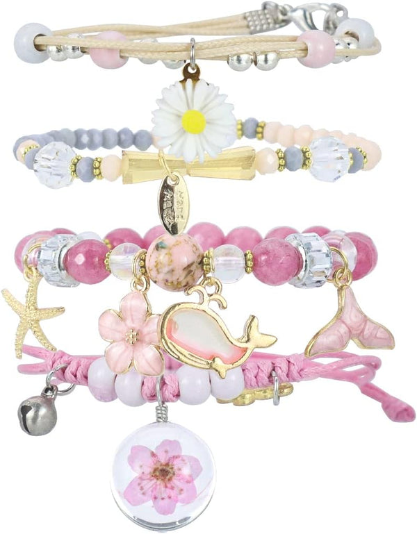 4 Pcs Beaded Cute Bracelets for Teen Girls Women, Dainty Cute Cartoon Crystal Beads Pearl Stretch Charm Handmade Adjustable Anklets Bracelet Set