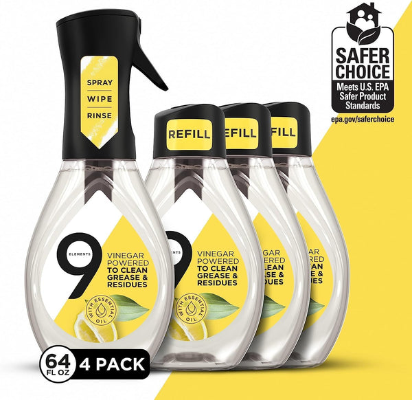 9 Elements Natural Dish Soap, Dishwashing Liquid with Lemon Essential Oils, Made with the Power of Vinegar, 1 Dish Spray Starter Kit & 3 Refills