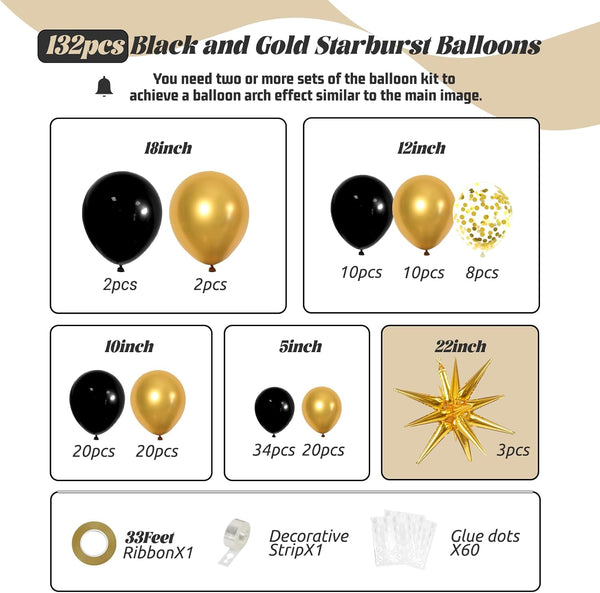FOTIOMRG Black and Gold Balloons Garland Arch Kit, 5 10 12 18Inch Black Gold Confetti Latex Balloons for 2024 Graduation New Year Anniversary