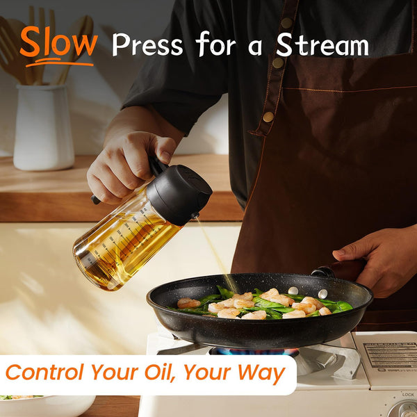 Trendplain 16Oz/470Ml Glass Olive Oil Sprayer for Cooking - 2 in 1 Olive Oil Dispenser for Kitchen Gadgets, Air Fryer, Salad, and BBQ - Black