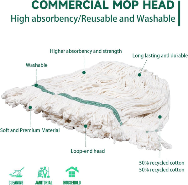 Heavy Duty Commercial Mop Head Replacement, Wet Industrial Cotton Looped End String Cleaning Mop Head Refill, 3Packs