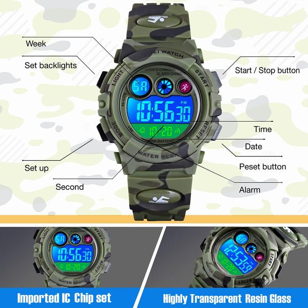 Cofuo Kids Digital Sport Watch for Boys Girls, Kid Waterproof Electronic Multi Function Casual Outdoor Watches, 7 Colorful LED Luminous Alarm