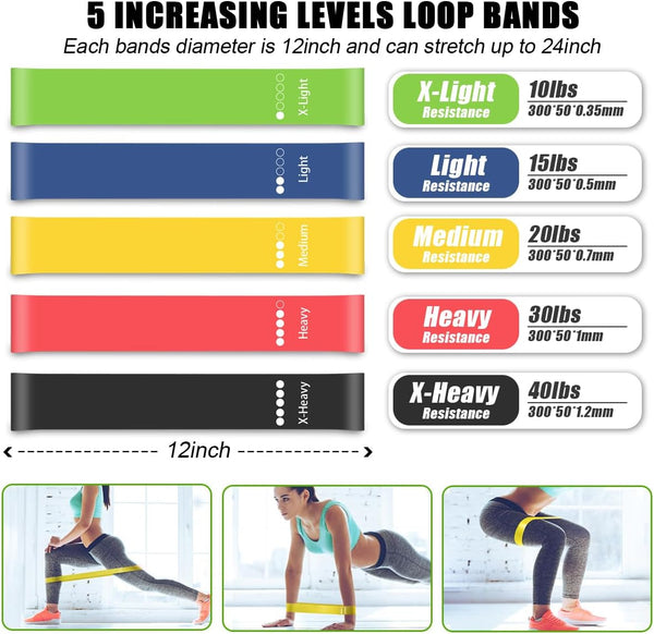 23 Pack Resistance Bands Set Workout Bands, 5 Stackable Exercise Bands 5 Loop Resistance Bands 2 Core Sliders, Door Anchor Handles Ankle Straps