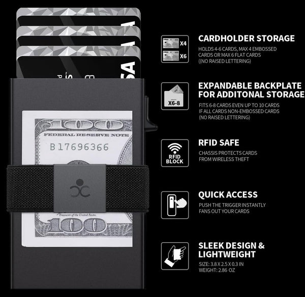 Slim Aluminum Card Holder Wallet for Men, Durable Expandable Backplate, RFID Blocking Minimalist Metal Pop up Wallet, Holds 12+ Cards plus Cash