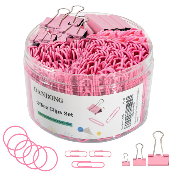 Pink Binder Clips Paper Clips,380 PCS Assorted Sizes Paperclips Paper Clamps Rubber Bands for Files, Papers, Home Supplies (Pink)