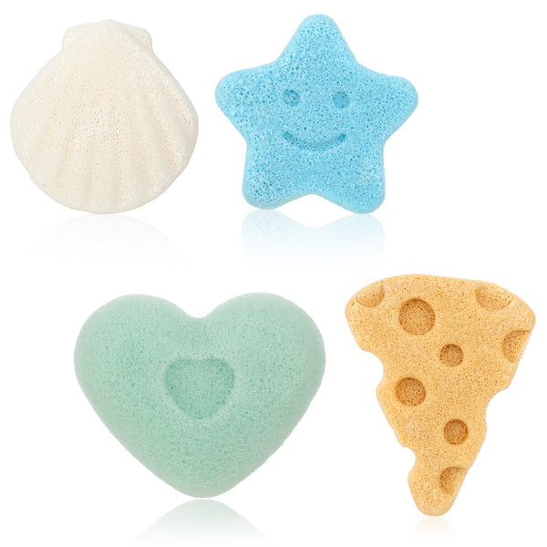 4 Pcs Bath Sponges, Natural Soft Cute Shapes Safe Foam Loofah Plant-Based Lots of Lather Stars Cheese Shape Heart Large Size Shower Body Sponges