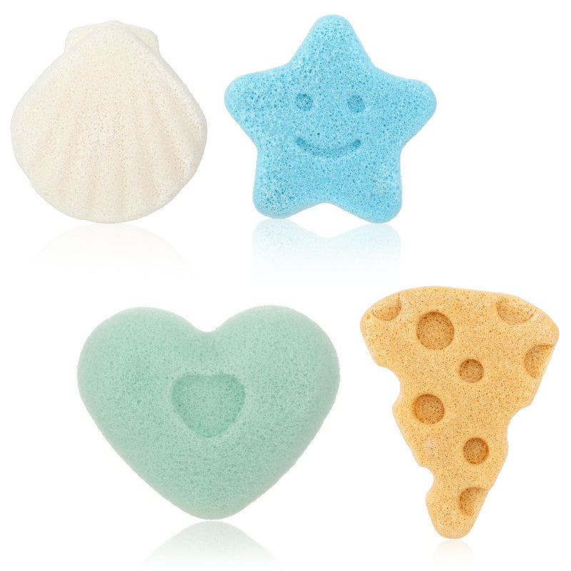 4 Pcs Bath Sponges, Natural Soft Cute Shapes Safe Foam Loofah Plant-Based Lots of Lather Stars Cheese Shape Heart Large Size Shower Body Sponges