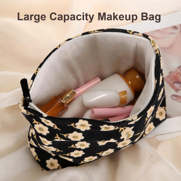 Cosmetic Bag Makeup Bag Preppy Cute Corduroy Toiletry Bag for Women Travel Essentials (Full Beige)