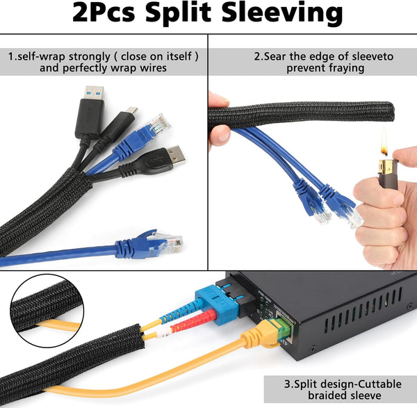 Cable Management Organizer Kit 2 Cable Sleeve Split with 41Self Adhesive Cable Clips Holder, 10Pcs and 2 Roll Self Adhesive Tie and 100 Fastening