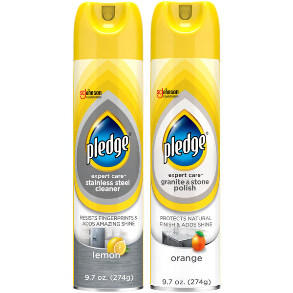 Pledge Expert Care Kitchen Surface Routine Bundle, Includes 9.7Oz Stainless Steel Cleaner Lemon Scent +9.7Oz Granite and Stone Countertop Polish