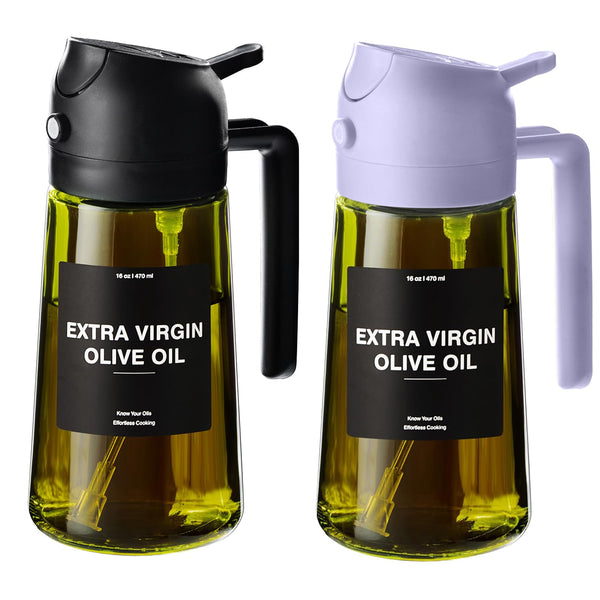 CXINYI - 16Oz/470Ml Olive Oil Dispenser for Kitchen with Stickers - 2 in 1 Olive Oil Sprayer for Cooking, Air Fryer, and Salad, Black&Purple