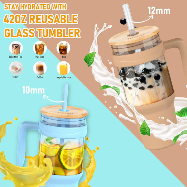 Tronco 40 Oz Glass Tumbler with Straw and Lid, Reusable Glass Tumbler with Handle, Iced Coffee Cup with Bamboo Lid, Glass Water Bottles Fit in Cup
