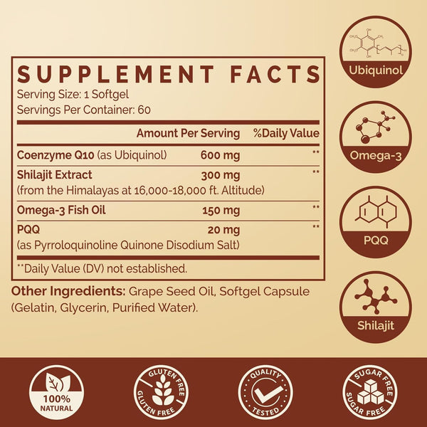Ubiquinol Coq10 600 MG Softgels with Omega-3 & Shilajit & PQQ, Advanced Dual-Delivery Coenzyme-Q10, Active Coq10 Ubiquinol Supplement for