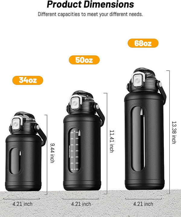 Nefeeko 50 Oz Glass Water Bottles, Large Motivational Glass Water Bottle with Time Marker Straw, Wide Mouth Water Bottle Jug with Spout Lid