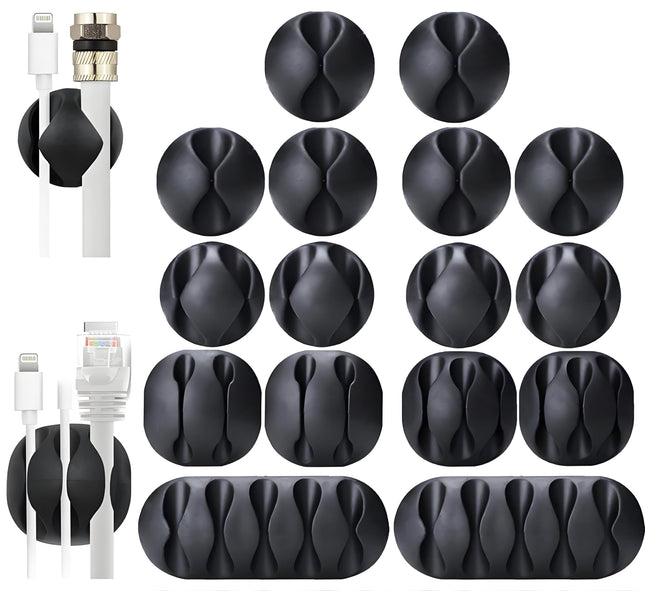 Ohill 16-Pack Black Cord Organizer - Adhesive Cable Clips Holder for Desk, Wall, Car - Wire Management Clips for Iphone 